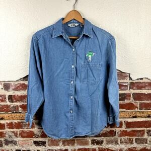 Vintage M&M Shirt Size Medium Blue Chambray Long Sleeve Button Up Candy Cartoon